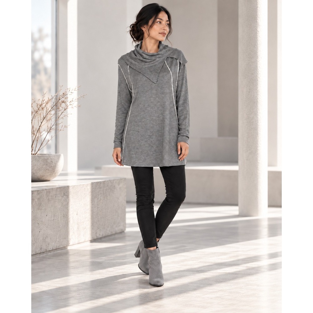 OST Gray Cowl Neck Tunic Sweater M Avant Garde Exposed Seam Longline Rayon